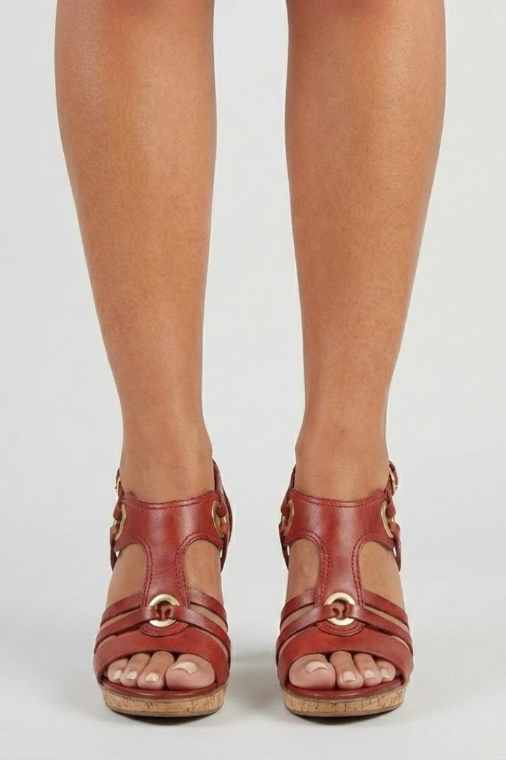 Women's High Heeled Sandals with Multiple Straps and Open Toe in Red - View 2.0 | Roselva