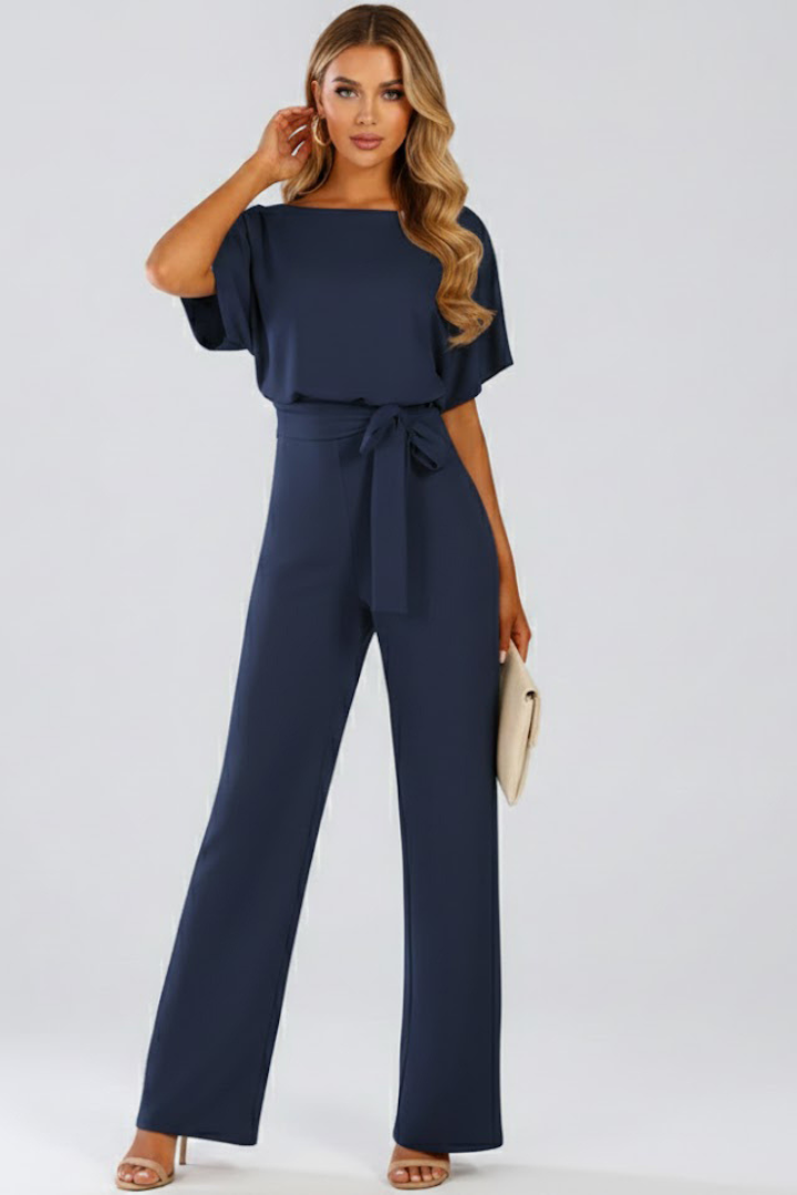 Women's Jumpsuit with Belt and Wide Legs in Beige - View 8.0 | Roselva