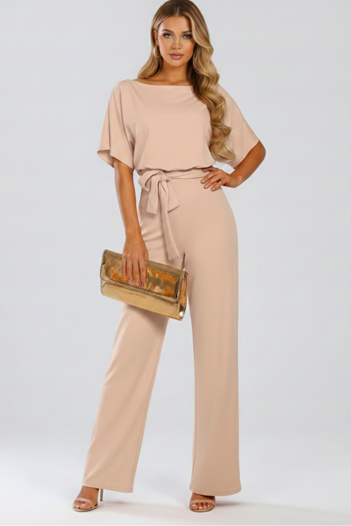 Women's Jumpsuit with Belt and Wide Legs in Beige - View 2.0 | Roselva