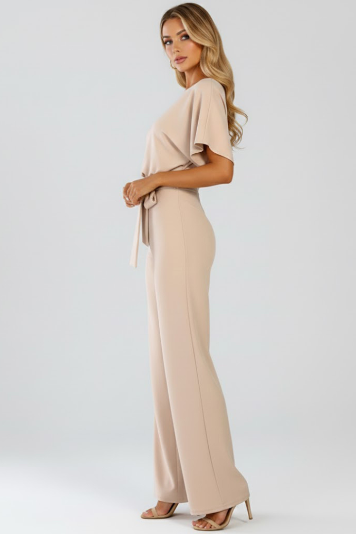 Women's Jumpsuit with Belt and Wide Legs in Beige - View 4.0 | Roselva