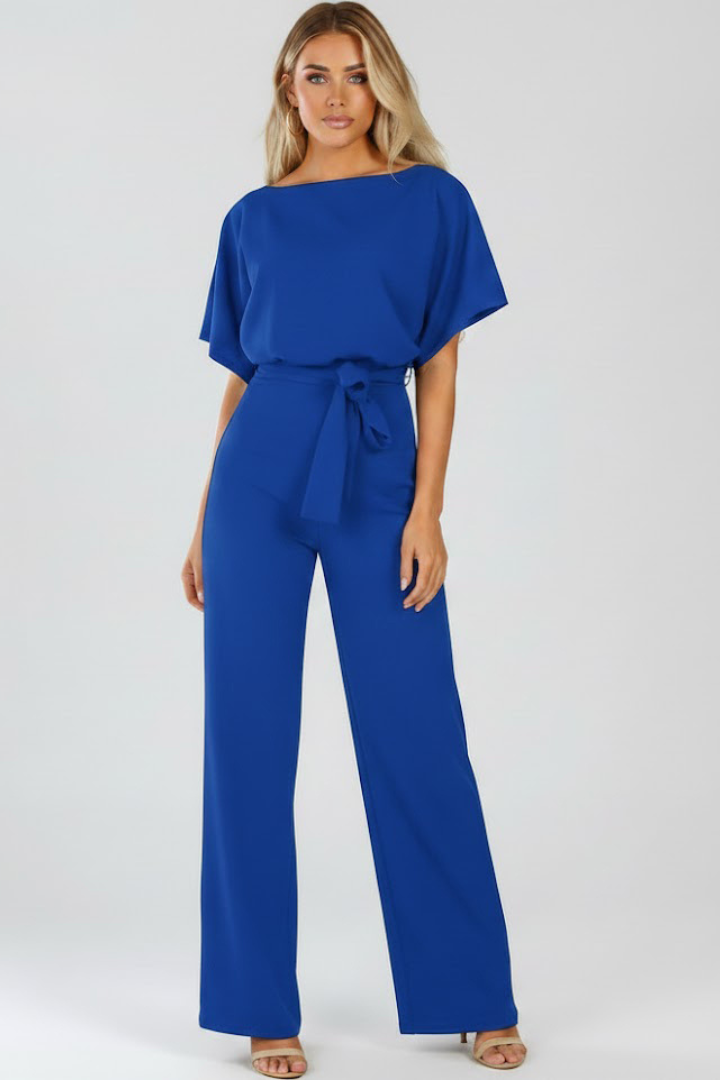 Women's Jumpsuit with Belt and Wide Legs in Beige - View 7.0 | Roselva