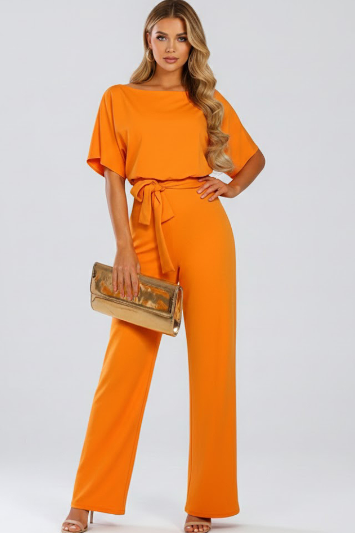 Women's Jumpsuit with Belt and Wide Legs in Beige - View 10.0 | Roselva