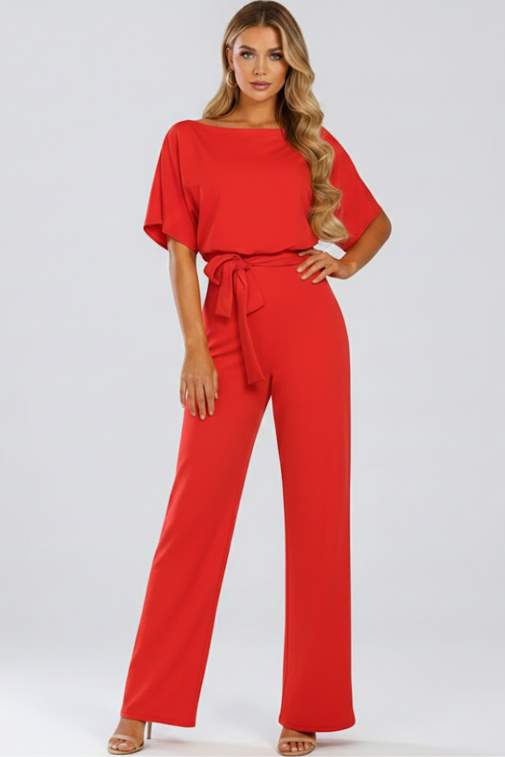 Women's Jumpsuit with Belt and Wide Legs in Beige - View 9.0 | Roselva