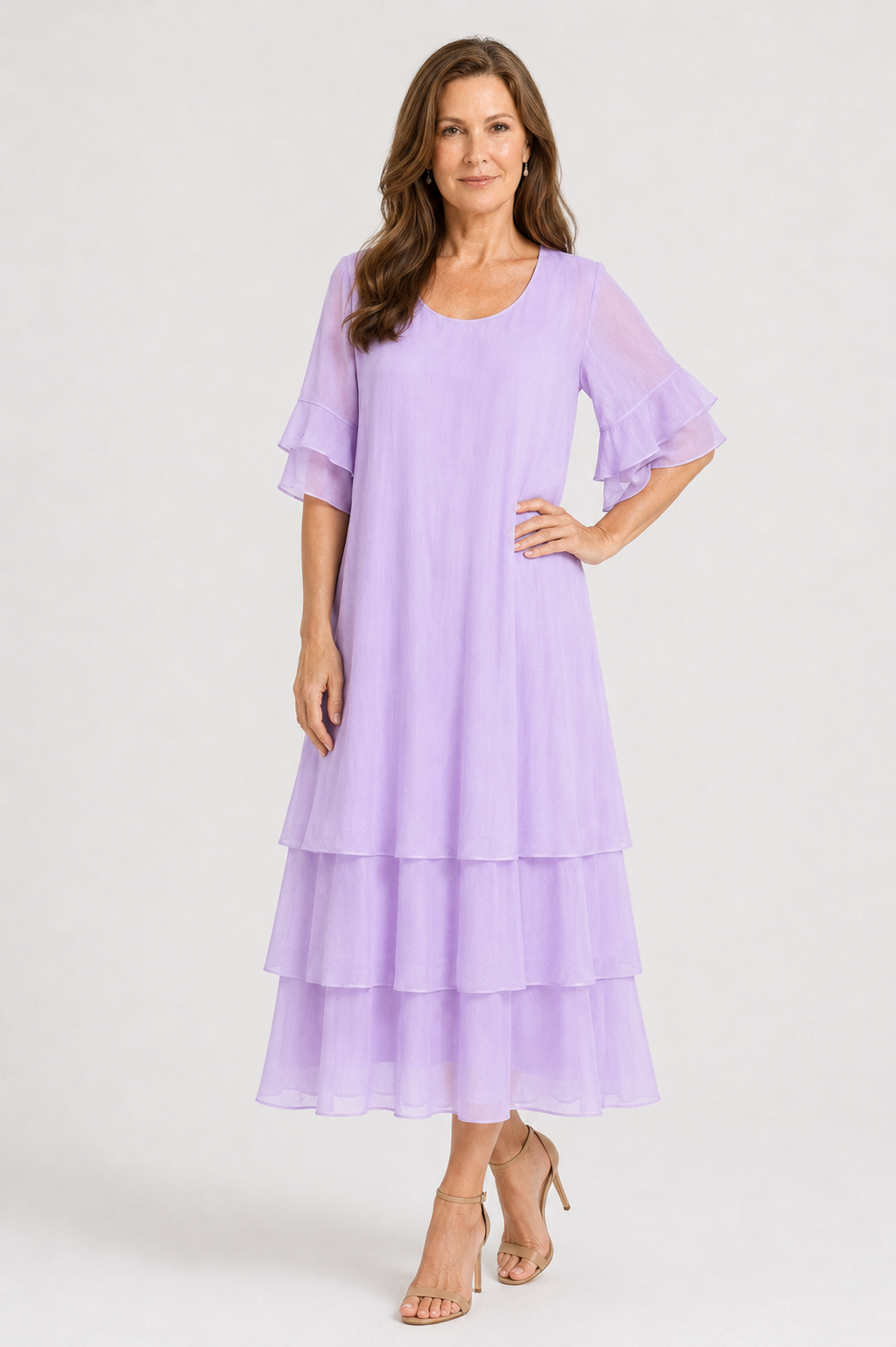 Tiered Ruffle-Sleeve Midi Dress – Elegant Multi-Layered Swing Dress