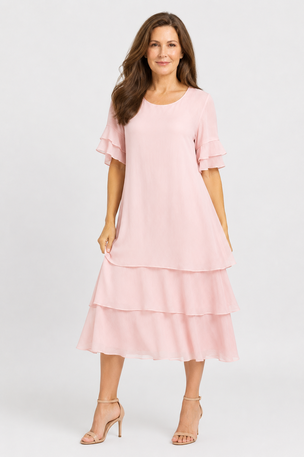 Tiered Ruffle-Sleeve Midi Dress – Elegant Multi-Layered Swing Dress