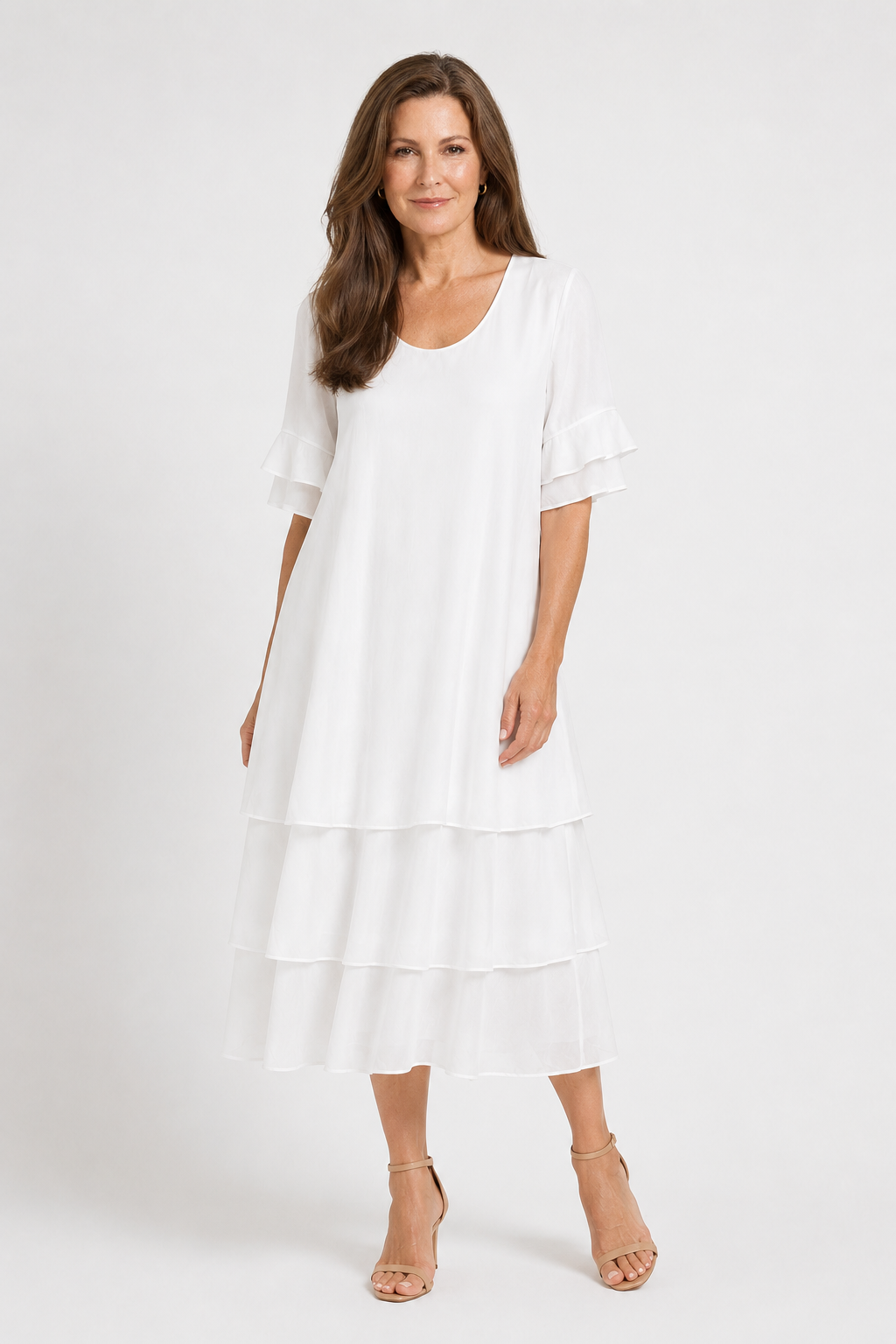 Tiered Ruffle-Sleeve Midi Dress – Elegant Multi-Layered Swing Dress