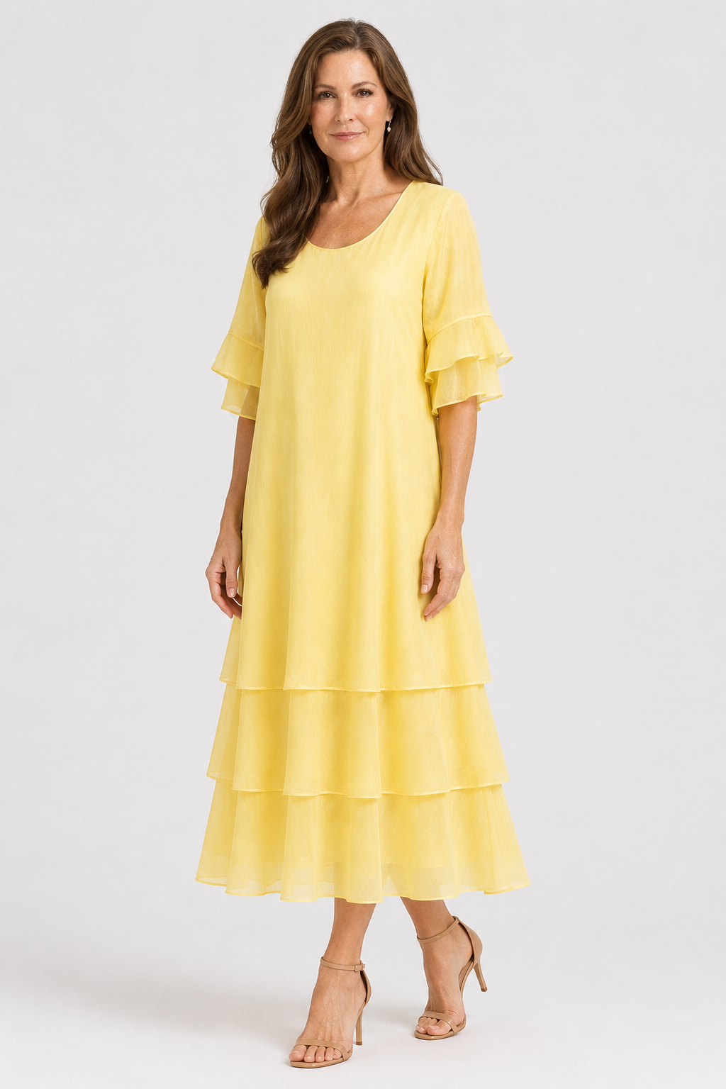 Tiered Ruffle-Sleeve Midi Dress – Elegant Multi-Layered Swing Dress