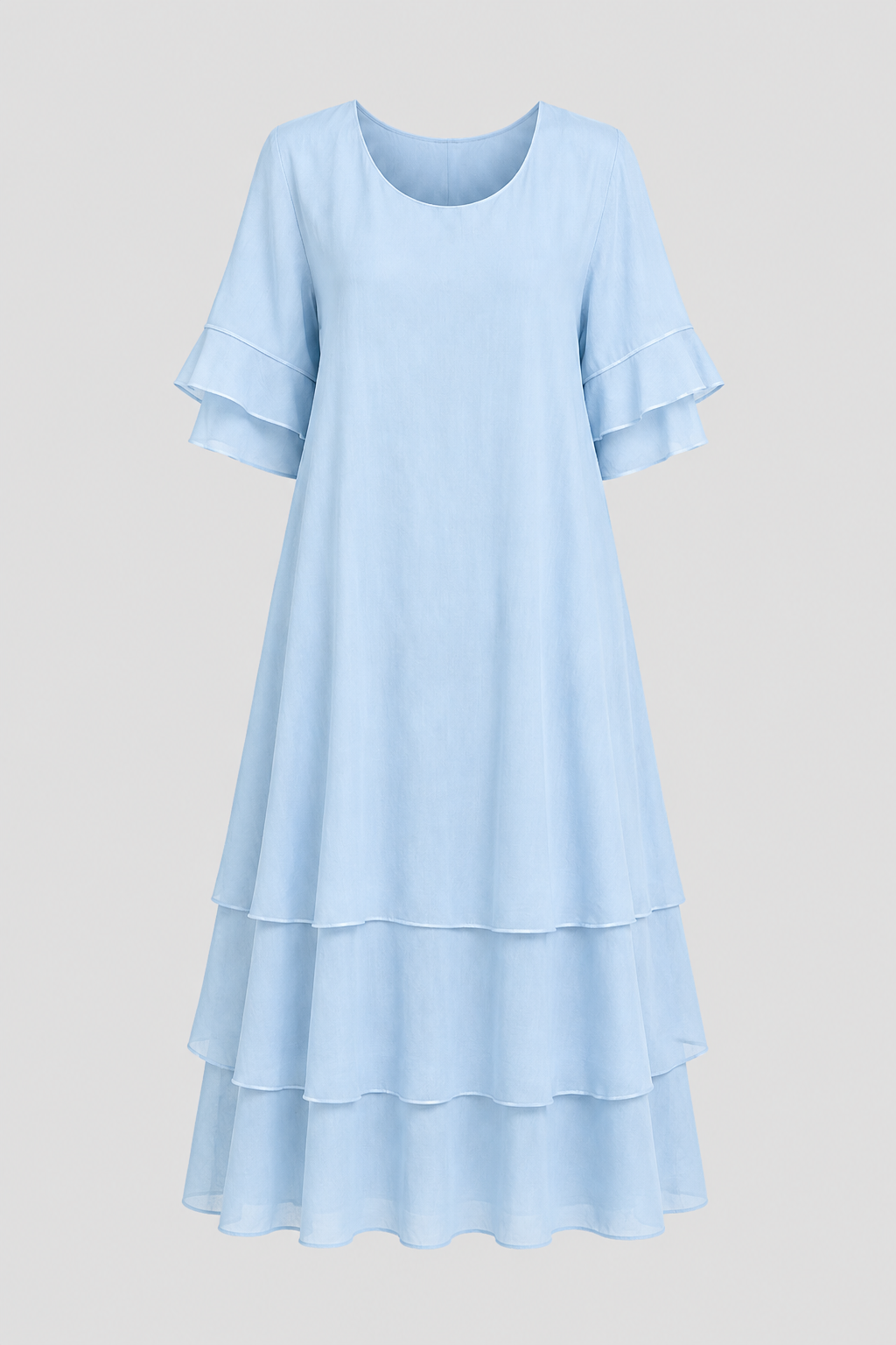 Tiered Ruffle-Sleeve Midi Dress – Elegant Multi-Layered Swing Dress