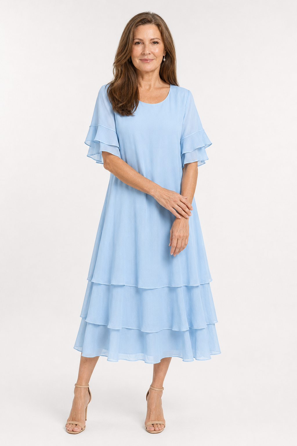Tiered Ruffle-Sleeve Midi Dress – Elegant Multi-Layered Swing Dress