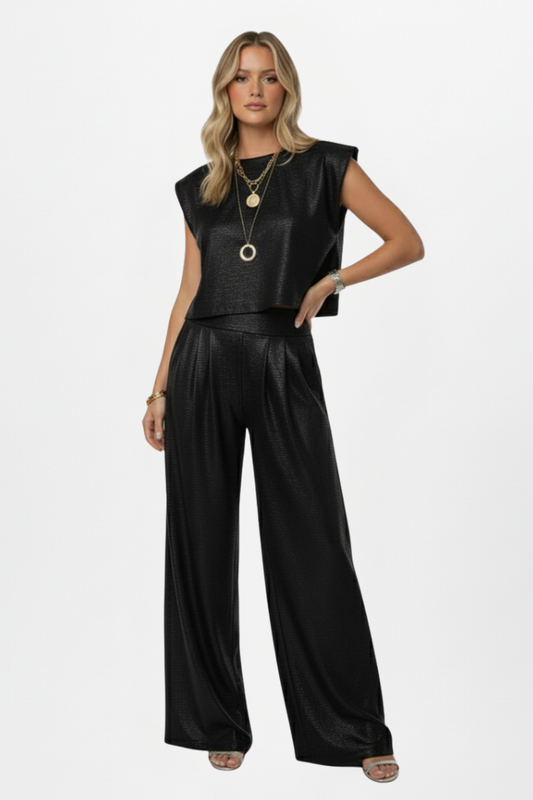 Women's Set with Short Top and Wide Trousers in Green - View 7.0 | Roselva