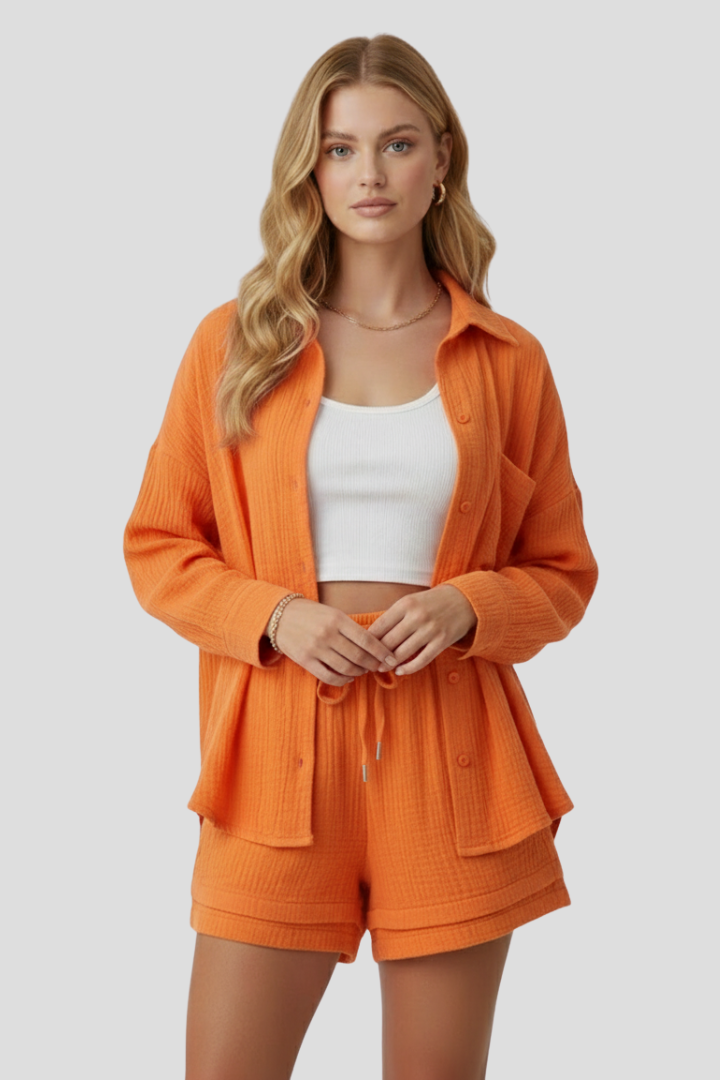 Women's Two-Piece Set with Oversized Hoodie and Shorts in Orange - View 2.0 | Roselva