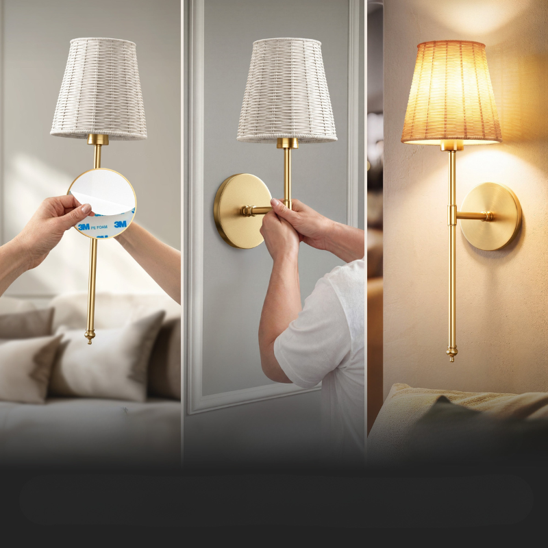 Cordless Wall Sconces - Set of 2, Long Arm, Textile Shade
