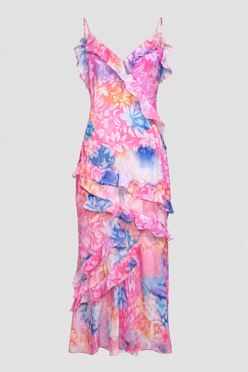 Watercolor Blossom Ruffled Dress - Vibrant Layered Floral Maxi Dress