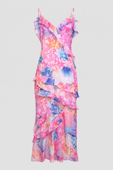 Watercolor Blossom Ruffled Dress - Vibrant Layered Floral Maxi Dress