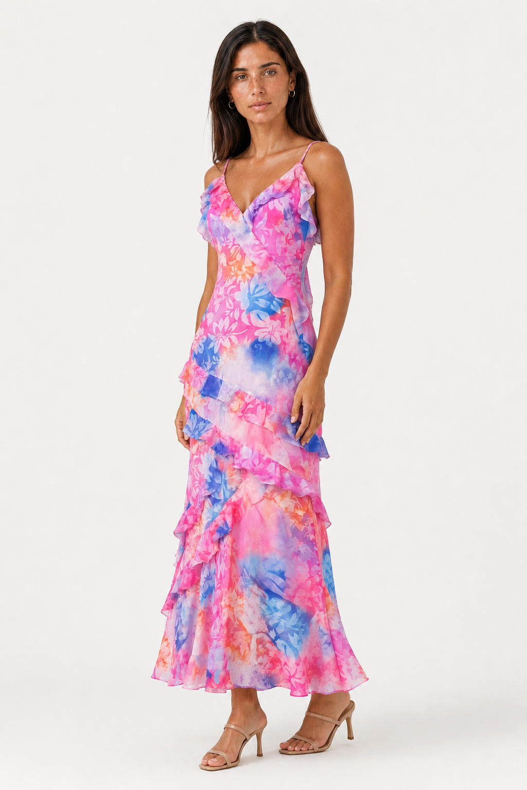 Watercolor Blossom Ruffled Dress - Vibrant Layered Floral Maxi Dress