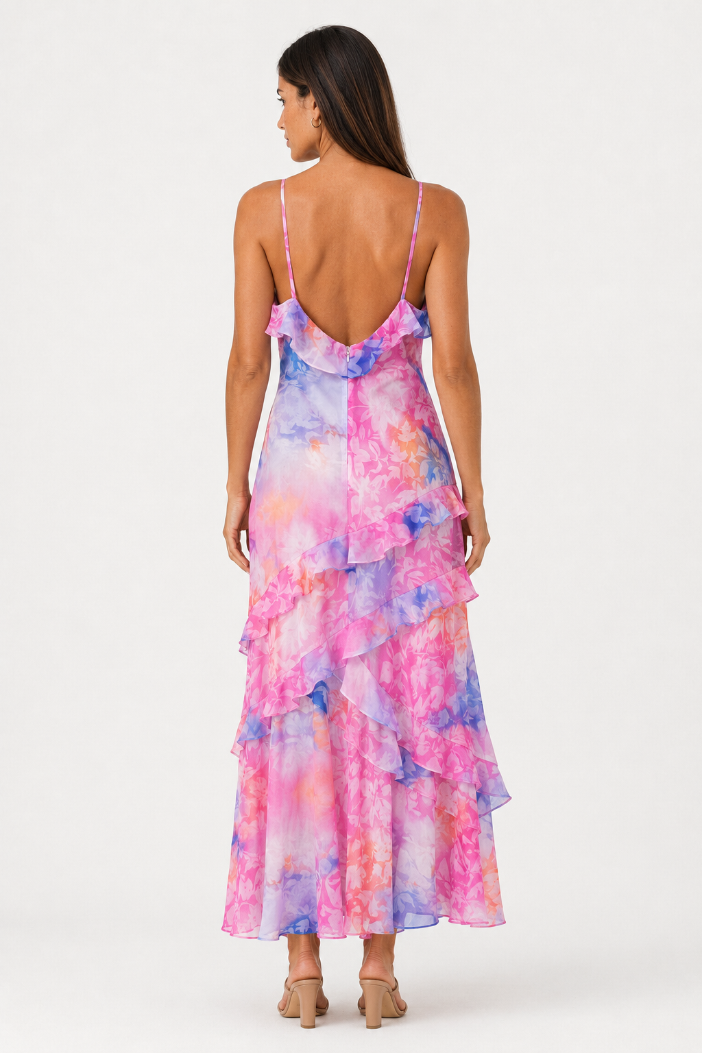 Watercolor Blossom Ruffled Dress - Vibrant Layered Floral Maxi Dress