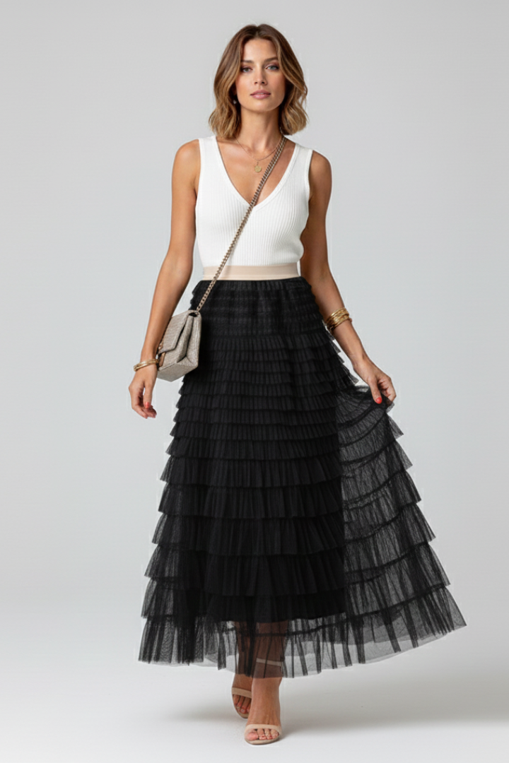 Women's Midi Tulle Skirt with Layered Design and Elastic Waistband in Beige - View 6.0 | Roselva