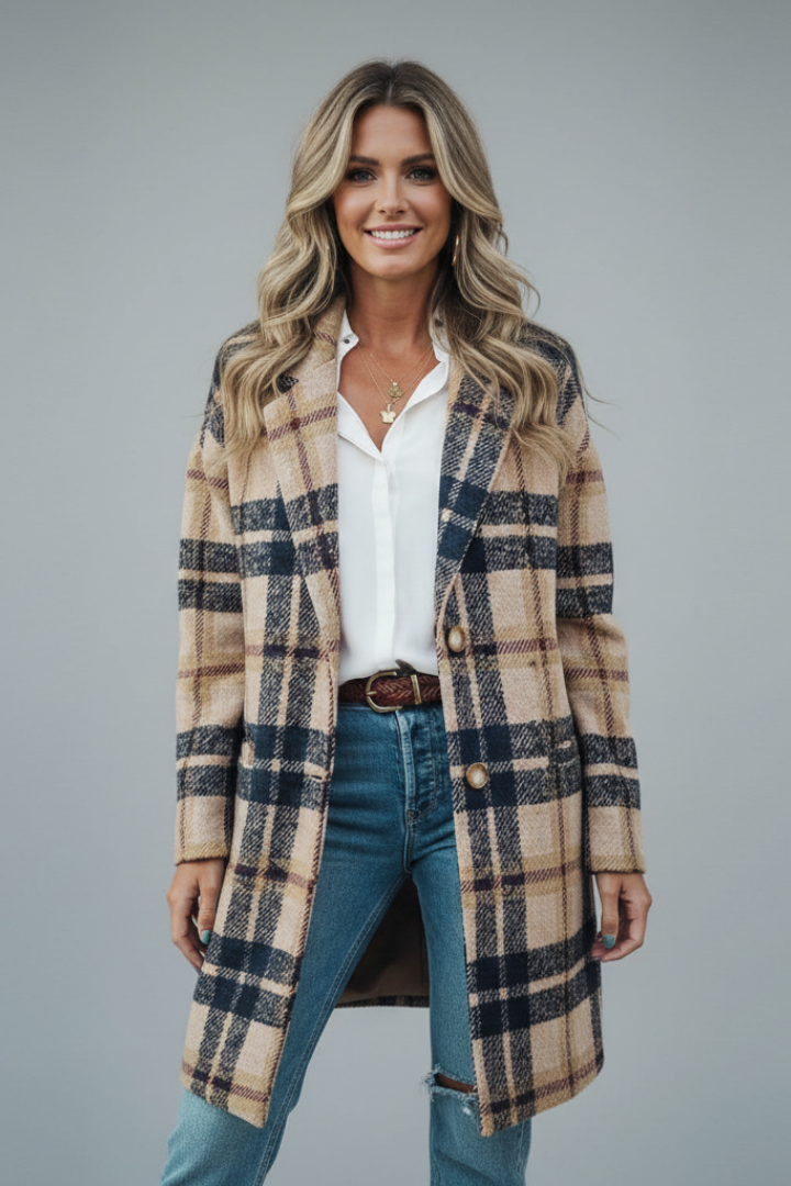 Women's Coat with Button Fastening and Pockets in Beige - View 2.0 | Roselva