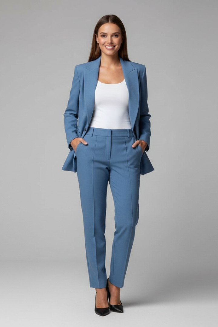 Women's Elegant Suit Set with Blazer and Trousers in Blue - View 2.0 | Roselva