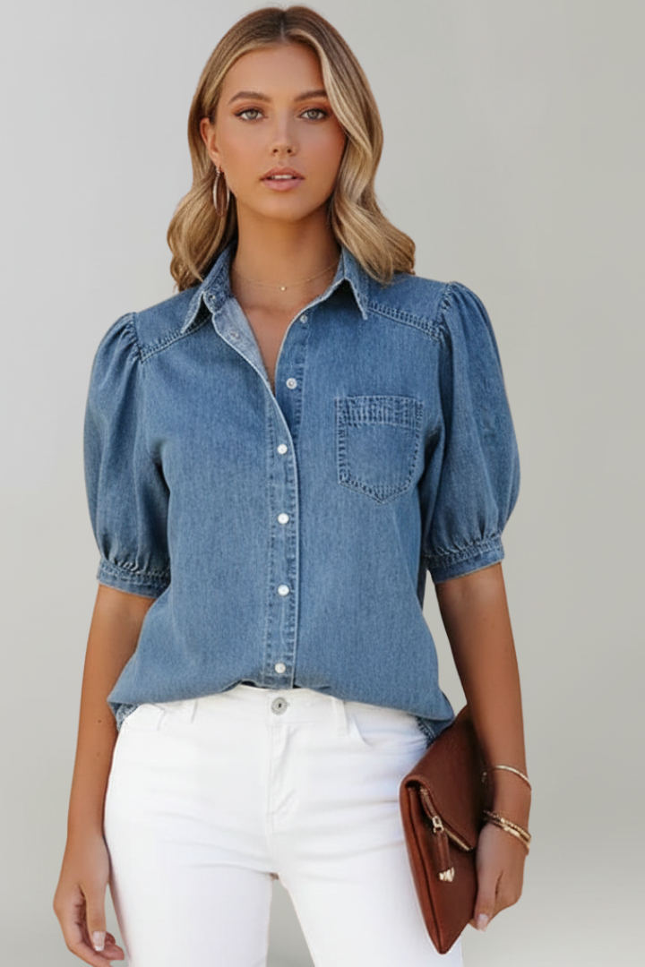 Women's Puff Sleeve Shirt in Blue - View 2.0 | Roselva