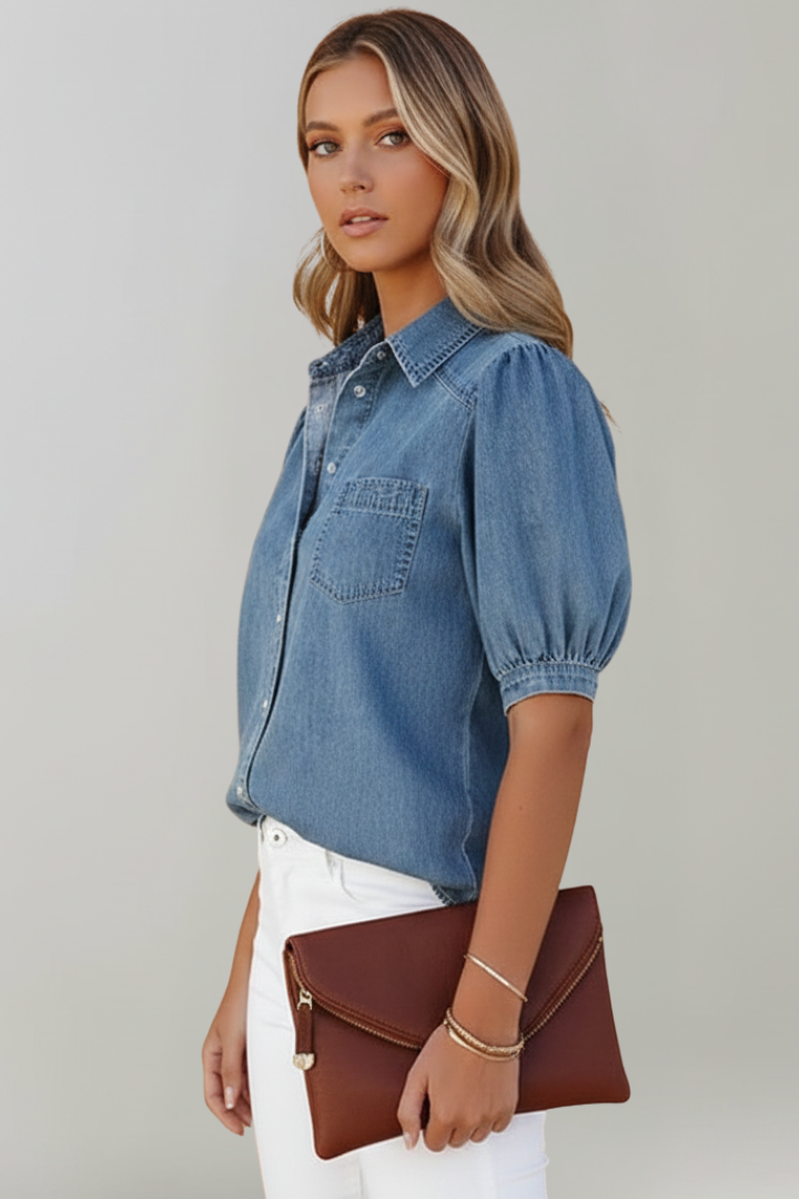 Women's Puff Sleeve Shirt in Blue - View 3.0 | Roselva