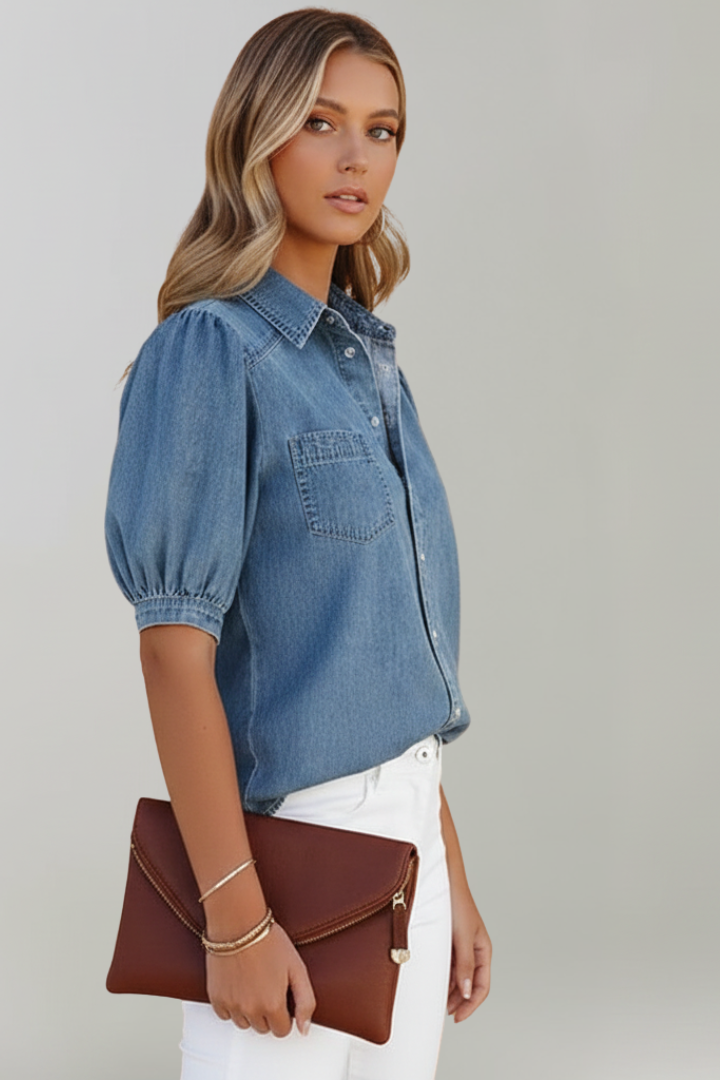Women's Puff Sleeve Shirt in Blue - View 4.0 | Roselva