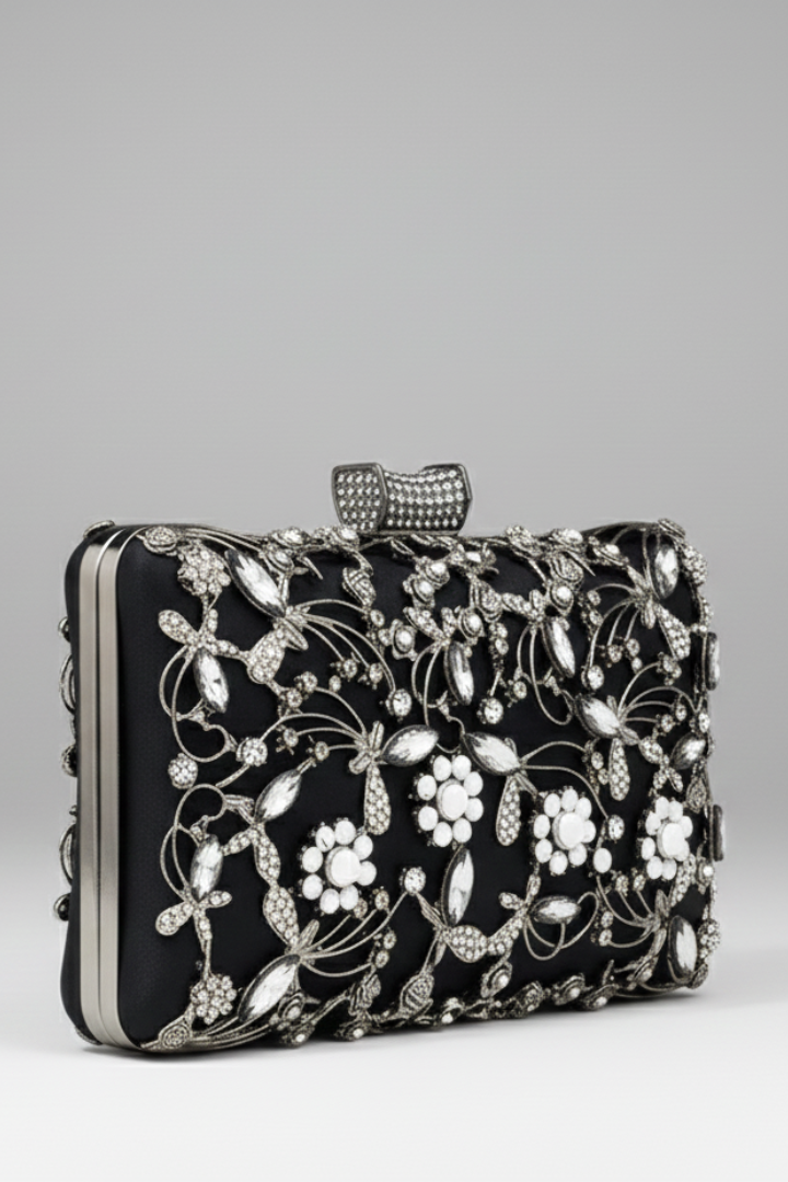 Women's Clutch with Embroidered Finish and Decorative Stones in Black | Roselva