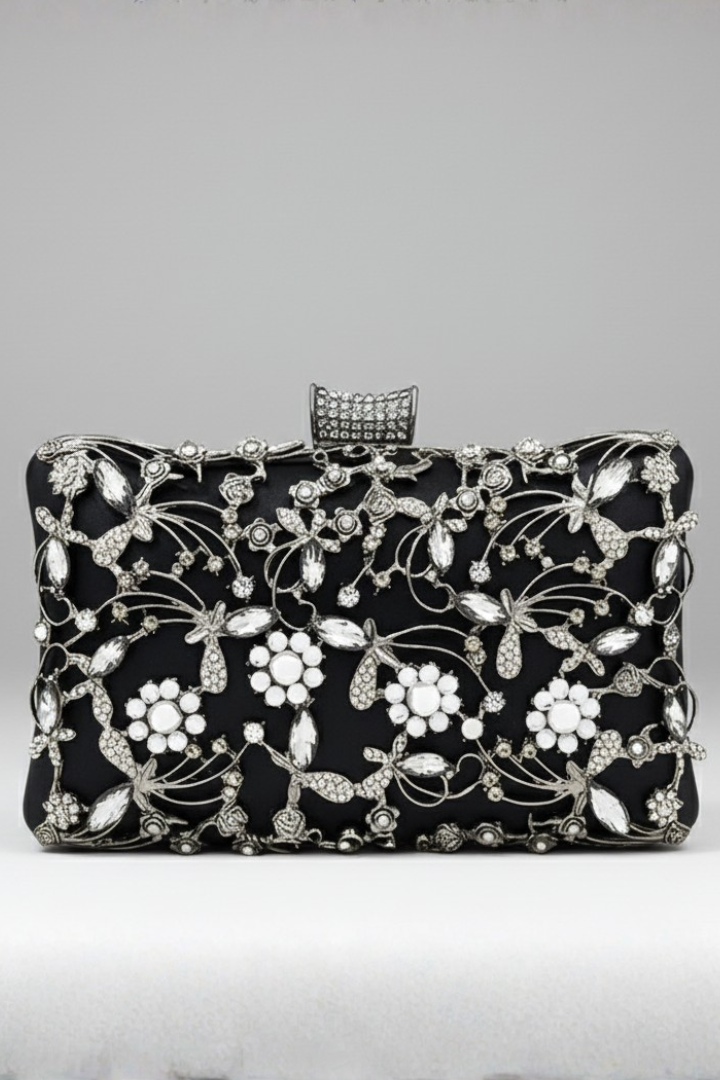 Women's Clutch with Embroidered Finish and Decorative Stones in Black - View 2.0 | Roselva