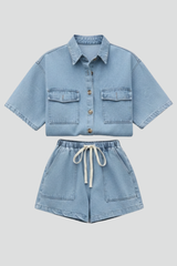 Denim sæt til kvinder med korte ærmer og shorts