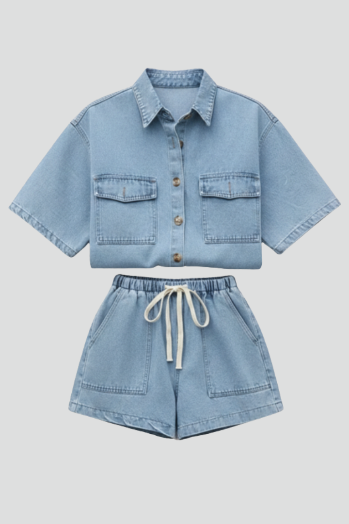 Women's Denim Set with Short Sleeves and Shorts in Subtle Blue | Roselva
