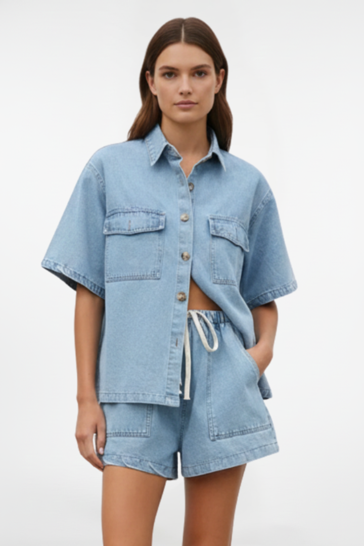 Women's Denim Set with Short Sleeves and Shorts in Subtle Blue - View 2.0 | Roselva