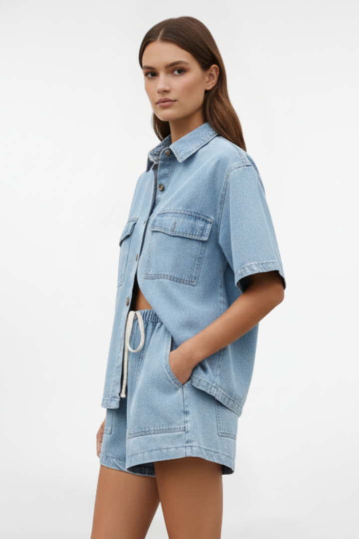 Women's Denim Set with Short Sleeves and Shorts in Subtle Blue - View 3.0 | Roselva