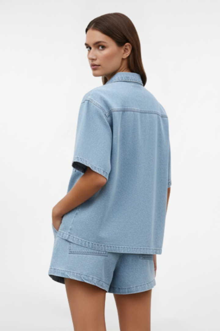 Women's Denim Set with Short Sleeves and Shorts in Subtle Blue - View 5.0 | Roselva