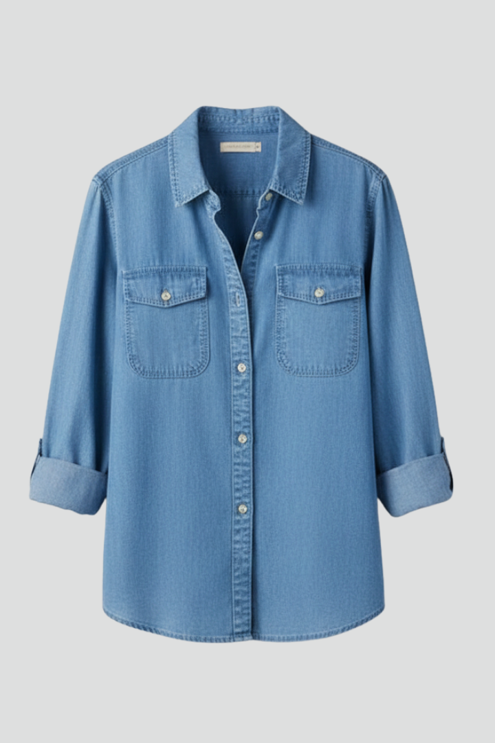 Women's Long Sleeve Shirt with Classic Collar in Blue | Roselva