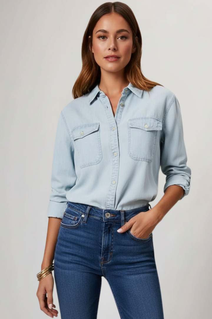 Women's Long Sleeve Shirt with Classic Collar in Blue - View 6.0 | Roselva