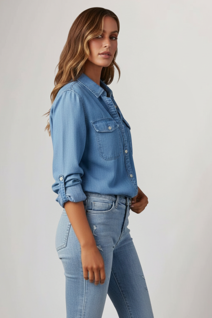 Women's Long Sleeve Shirt with Classic Collar in Blue - View 3.0 | Roselva