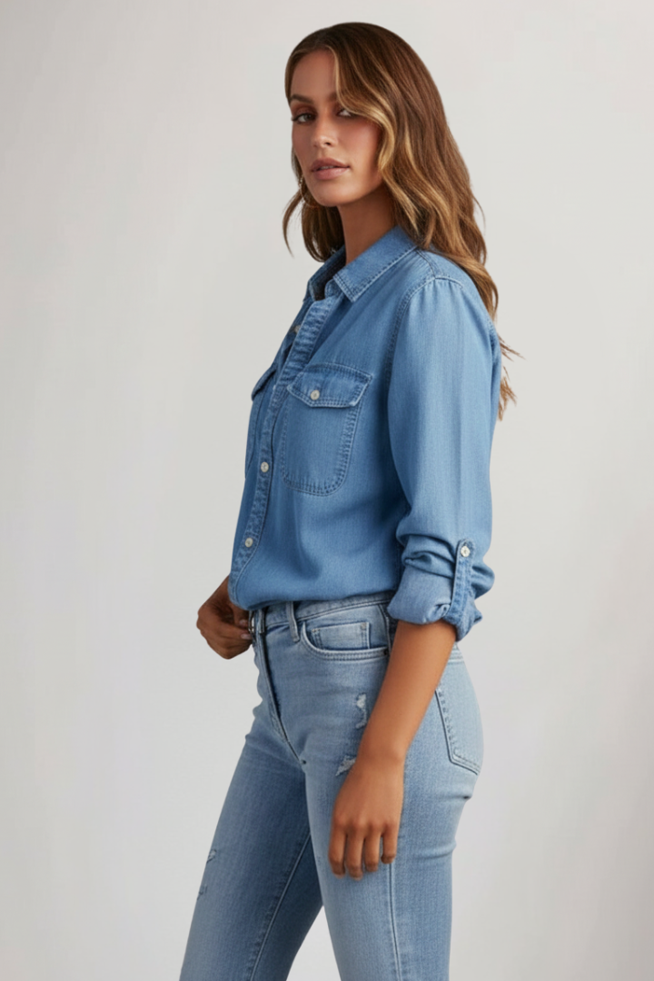 Women's Long Sleeve Shirt with Classic Collar in Blue - View 5.0 | Roselva