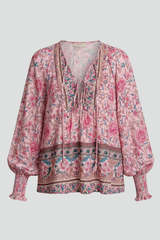 Bluse til kvinder med blomsterprint og V-udskæring