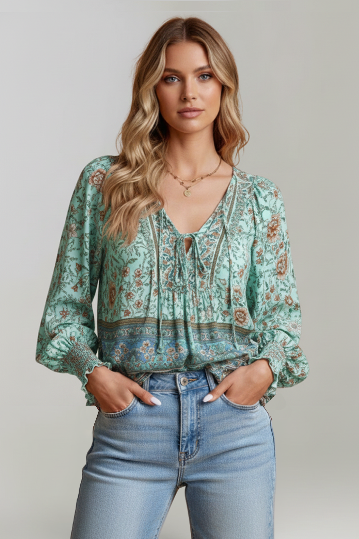 Women's Floral Pattern Blouse with V-Neck in Pink - View 8.0 | Roselva