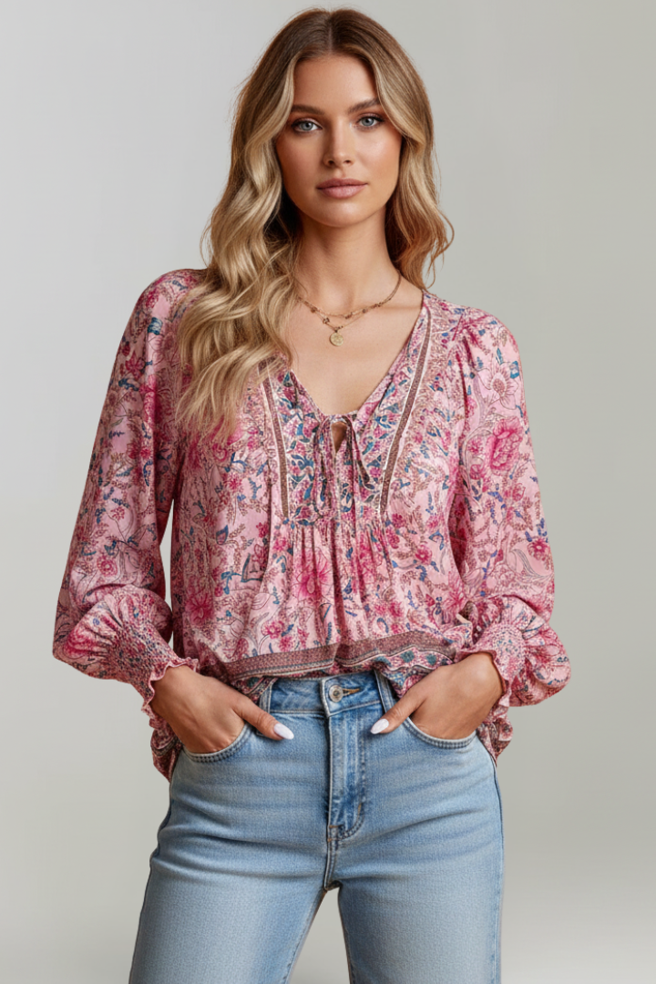 Women's Floral Pattern Blouse with V-Neck in Pink - View 2.0 | Roselva