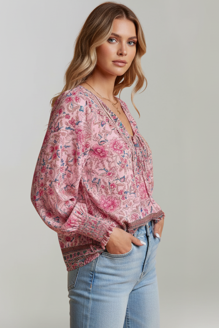 Women's Floral Pattern Blouse with V-Neck in Pink - View 3.0 | Roselva