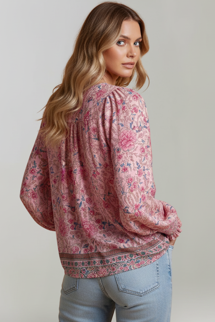 Women's Floral Pattern Blouse with V-Neck in Pink - View 4.0 | Roselva