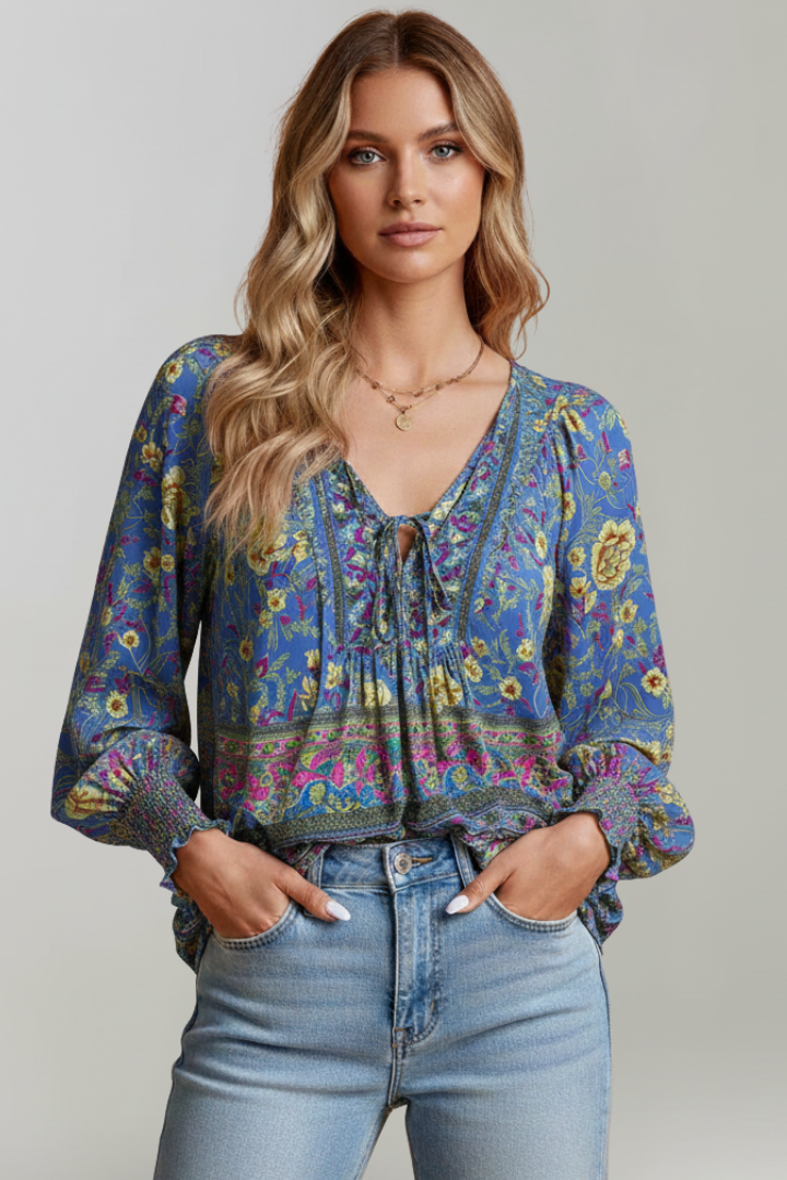 Women's Floral Pattern Blouse with V-Neck in Pink - View 6.0 | Roselva