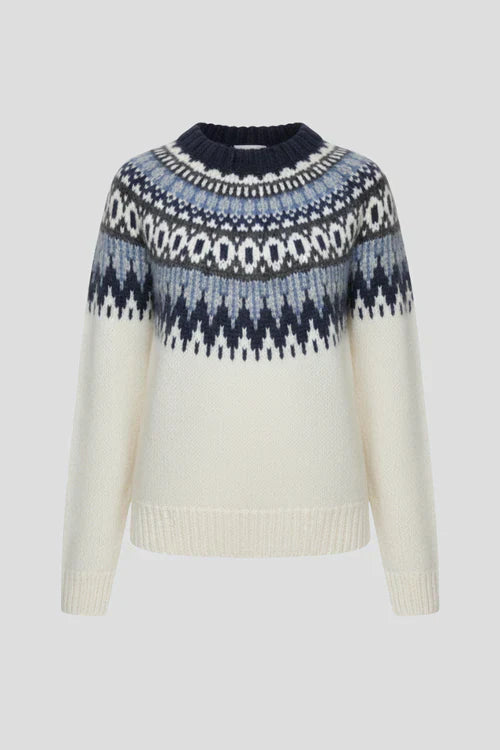 Women's Sweater with Round Neck and Fair Isle Pattern in White | Roselva