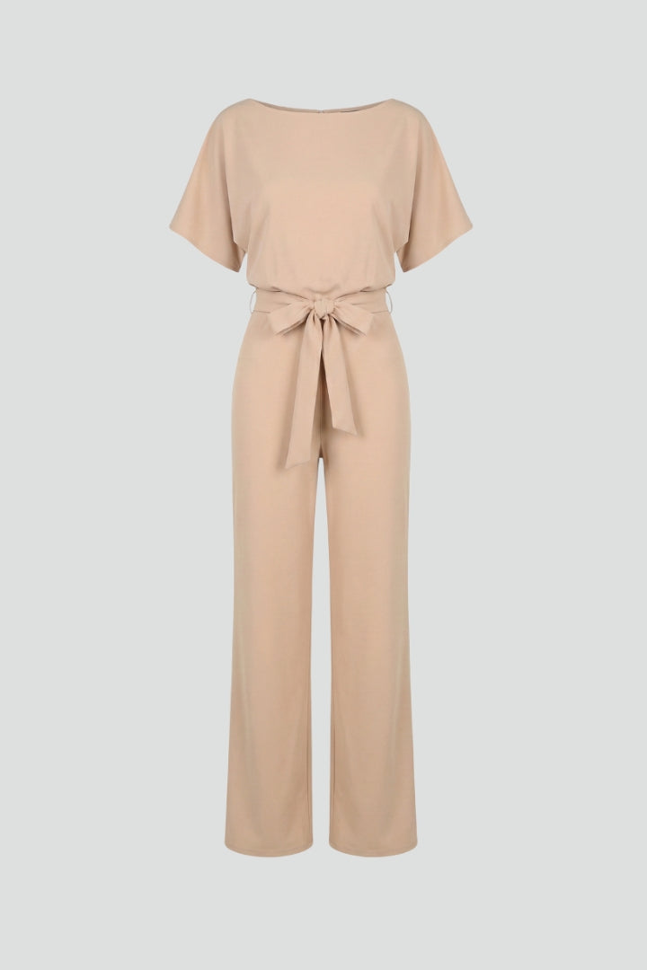Women's Jumpsuit with Belt and Wide Legs in Beige | Roselva