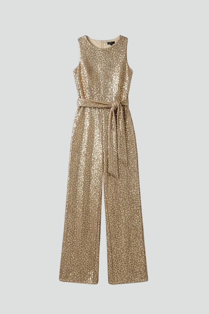 Women's Jumpsuit with Sequin Surface and Straight Legs in Gold | Roselva