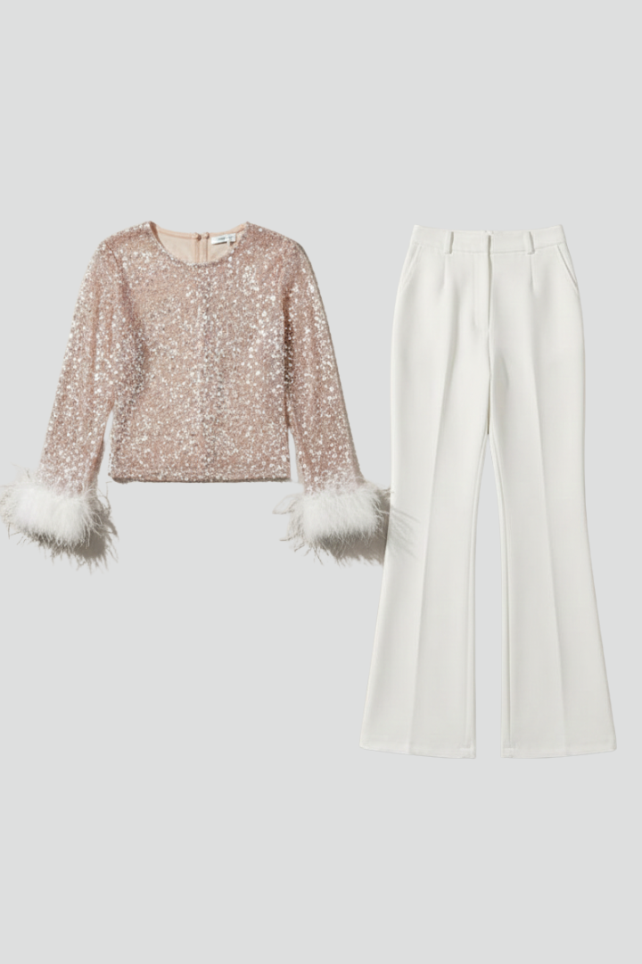 Women's Jumpsuit with Sequin Top and Feather Cuffs in White | Roselva