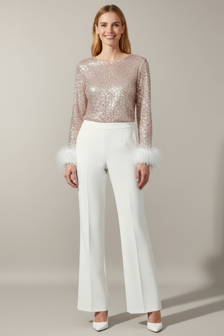 Women's Jumpsuit with Sequin Top and Feather Cuffs in White - View 2.0 | Roselva
