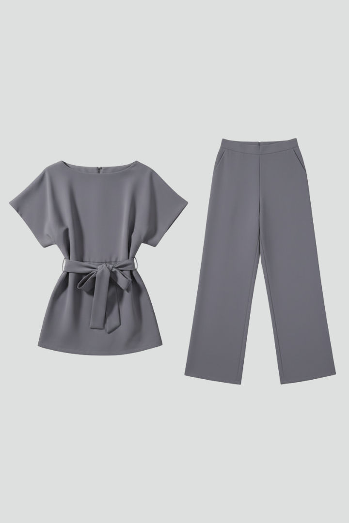 Women's Short Sleeve Jumpsuit with Waist Tie in Grey | Roselva