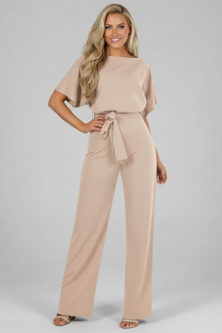 Women's Short Sleeve Jumpsuit with Waist Tie in Grey - View 7.0 | Roselva
